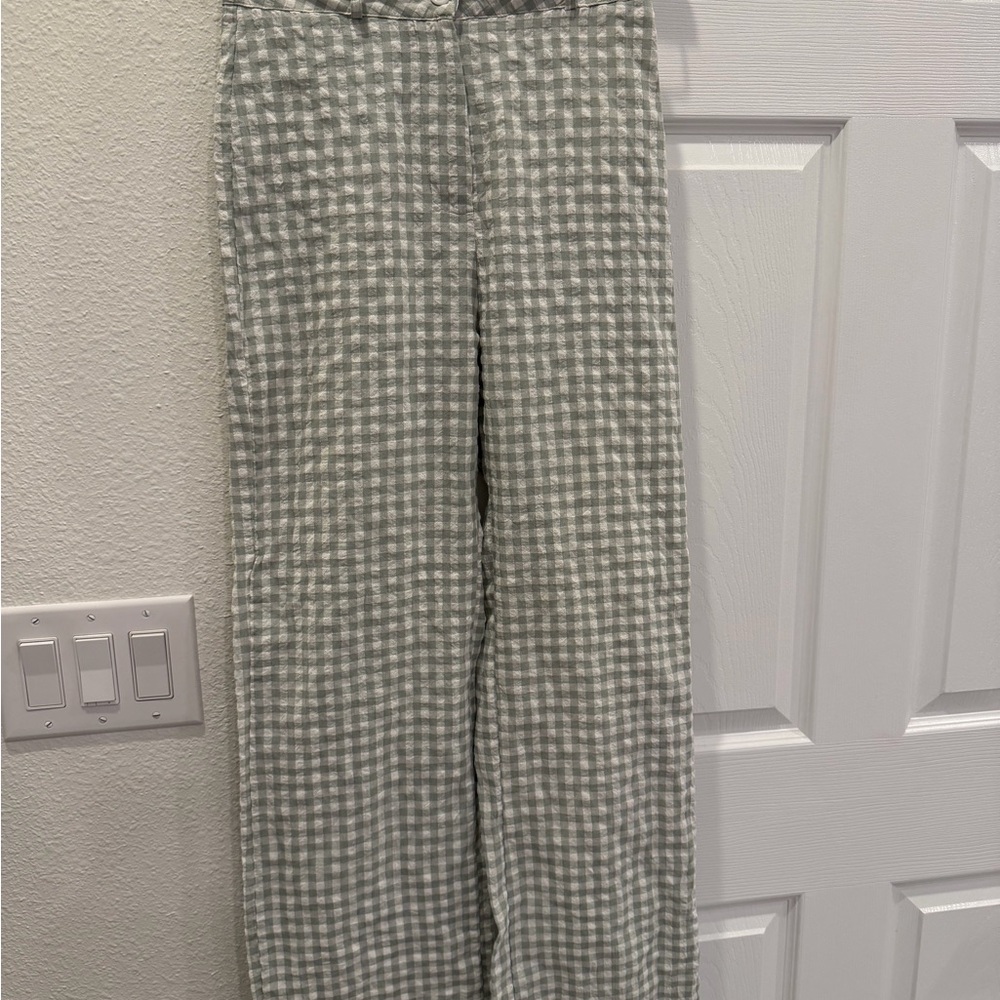Wide Leg Gingham Pants in Light Sage/White